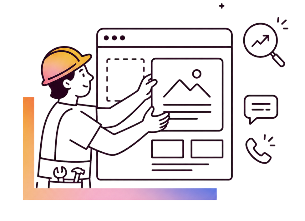 Illustration of a tradesperson placing a project photo on a website, with search, message and phone call icons alongside