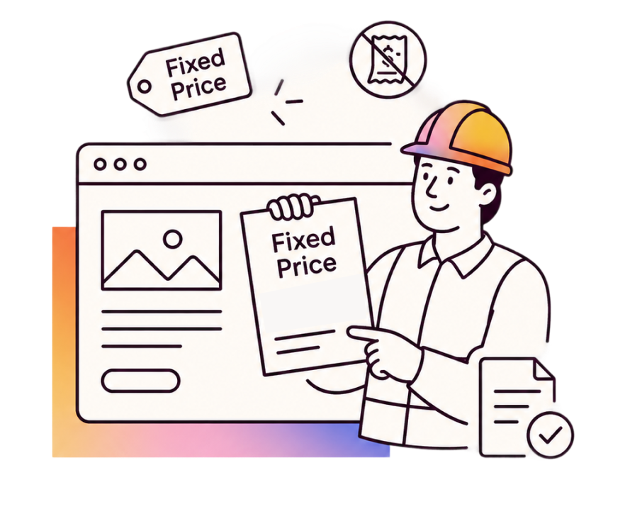 Illustration of a builder holding a fixed price sheet next to a website, with a fixed price tag and a signed document